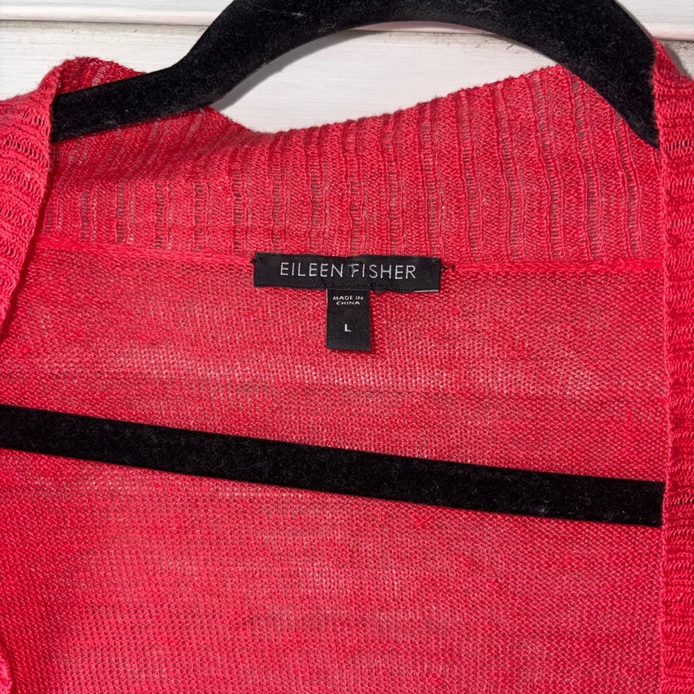 Eileen Fisher 100% Linen Open Front Cardigan Coral Red Size L Longline Knit - Picture 2 of 5